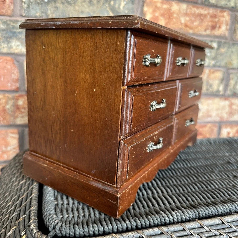 Vintage Wood Jewelry Box Armoire 5 Drawer Mirror Top Chest‎ Dark Brown Finish